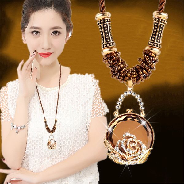 

wholesale classic round gray coffee crystal pendant necklace rhinestone rope chain sweater necklaces women vintage jewelry gift, Silver