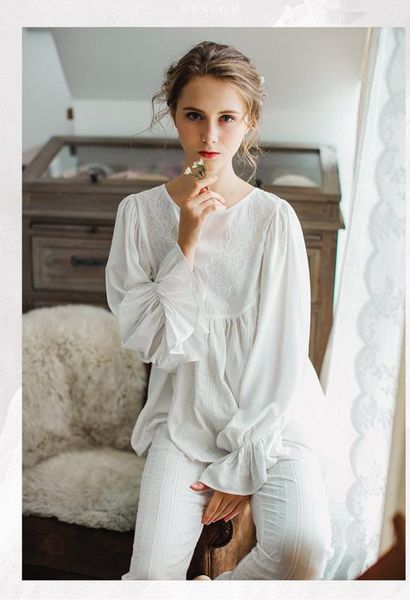 

2019 women elegant white home wear long pants solid pajama sets round neck two piece lace sleepwear, Blue;gray