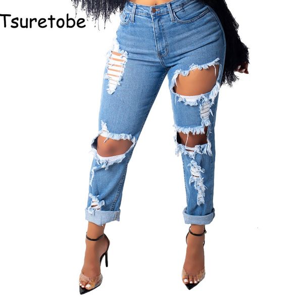 

tsuretobe casual mid waist denim pants women fashion blue jean pencil pants ladies slim hole jean trousers female