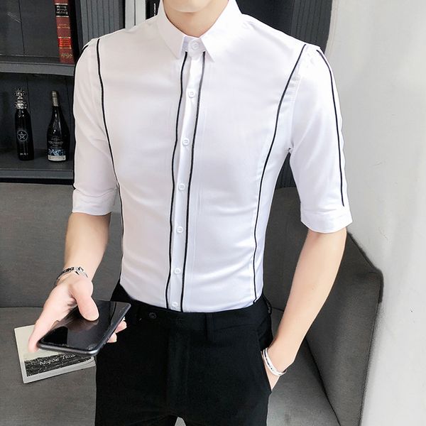 

simple striped shirt men summer black white business casual dress shirt slim fit streetwear social blusa chemise homme 2020 new, White;black