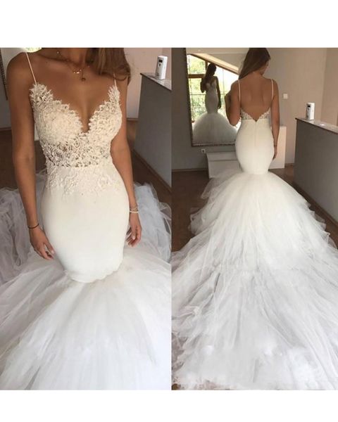 

spaghetti v-neck 2020 mermaid wedding dress with ruffle romantic lace open back bridal dress plus size robes de mariÃ©e vestidos de novia, White