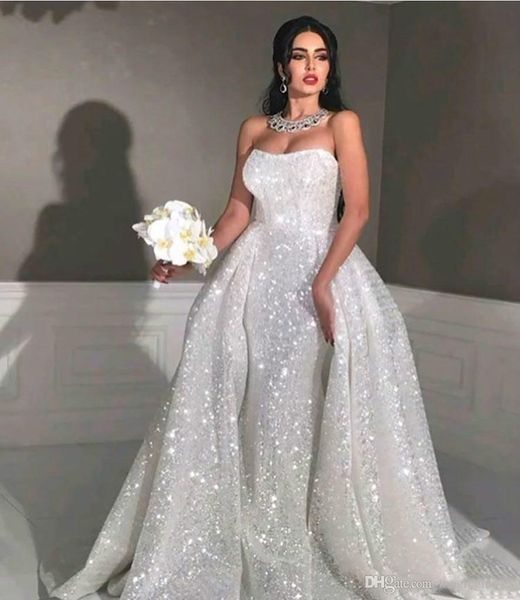 

glitter mermaid style arabic wedding dresses with detachable train strapless sweetheart full sequins plus size overskirt country bridal gown, White