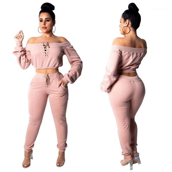 

neck solid color long sleeved pullover womens fashion tracksuits slim womens designer tracksuits 2 piece pants slash, White