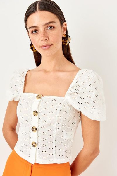 

trendyol white bubble sleeve blouse twoss19xb0064