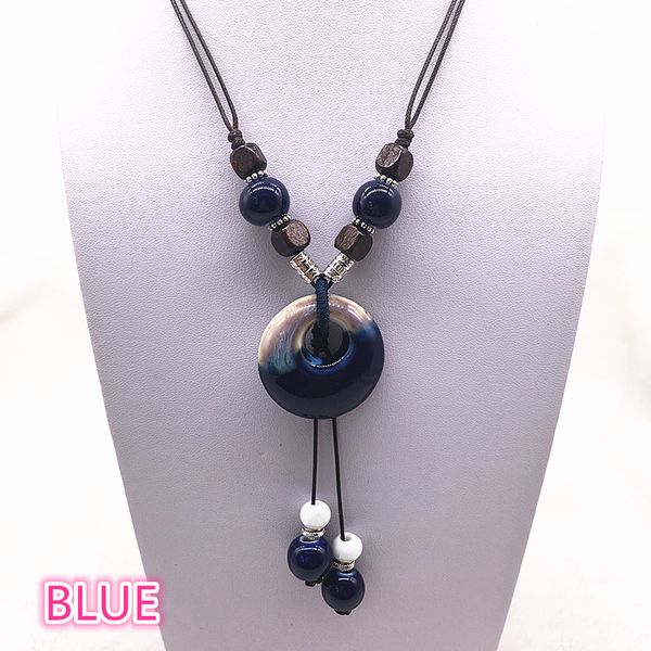 

fashion ethnic jewelry traditional handmade ornaments weave wax rope ceramics necklace ceramics beads pendant long necklace #04, Silver