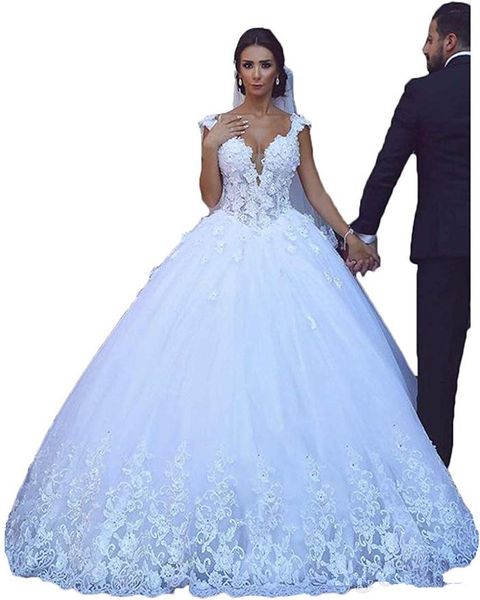 

2020 charming 3d floral lace princess ball gown wedding dresses lace-up back bridal gown puffy tulle skirt plus size vestidos de novia, White