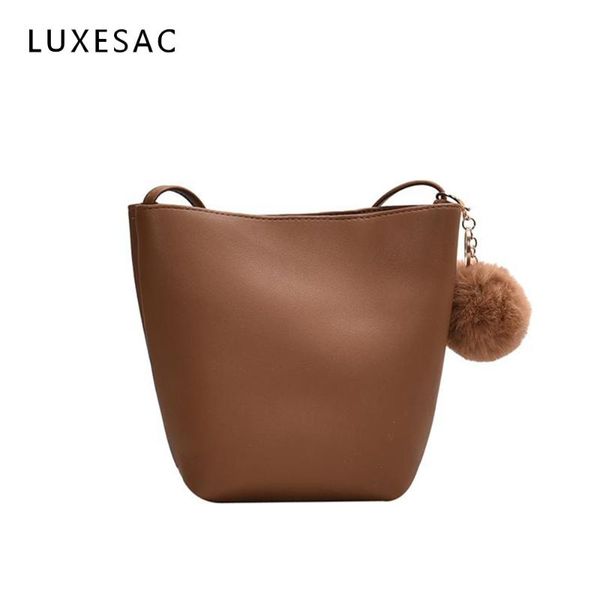 

hairball ornaments bucket bag for women pu leather crossbody high capacity shoulder bag solid color messenger sac main femme