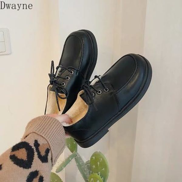 

2020 new british style plus velvet lace up comfortable wild big head cotton shoes women, Black