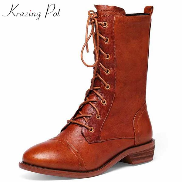 

krazing pot full grain leather brand winter shoes low heels round toe luxury elegant mature lady big size mid-calf boots l0f4, Black