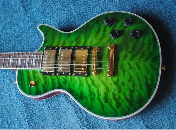 

custom ace frehley signature green quilted maple electric guitar 3 humbucker pickups, lightening bolt inlay, grover tuner, gold hardware