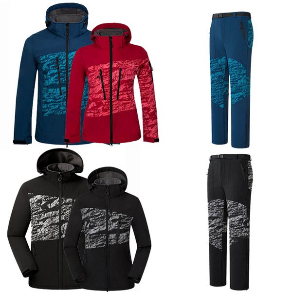 

men women hiking camping fleece lining softshell sport coat outdoor hooded water resistant jacket trekking climbing pants, Blue;black
