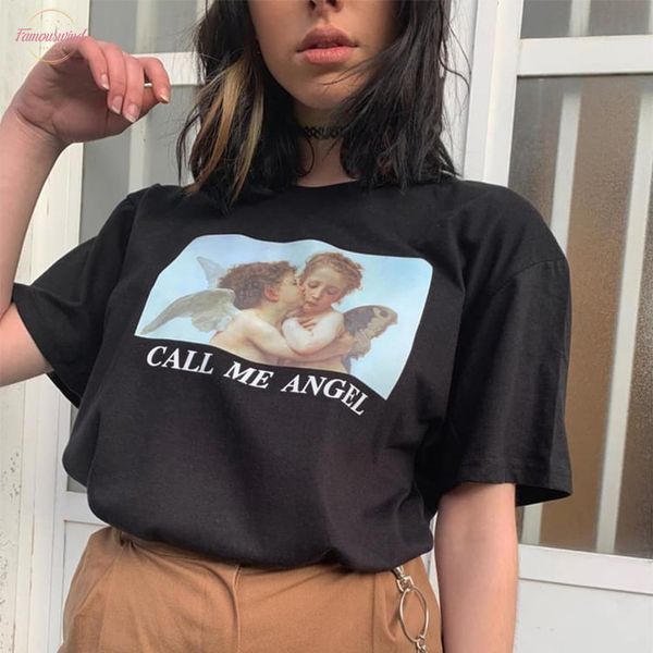 

call my short angel summer women vintage short sleeve cartoon letters harajuku loose short sleeve large size s 2xl casual shirt, White