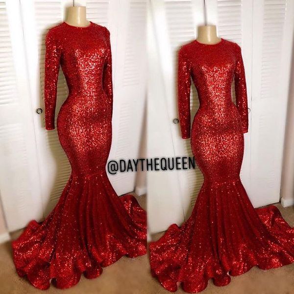 Abiti da sera con paillettes a maniche lunghe rosse vintage 2020 Blingbling Mermaid Collo alto Black Girl Prom Abiti da festa riflettenti