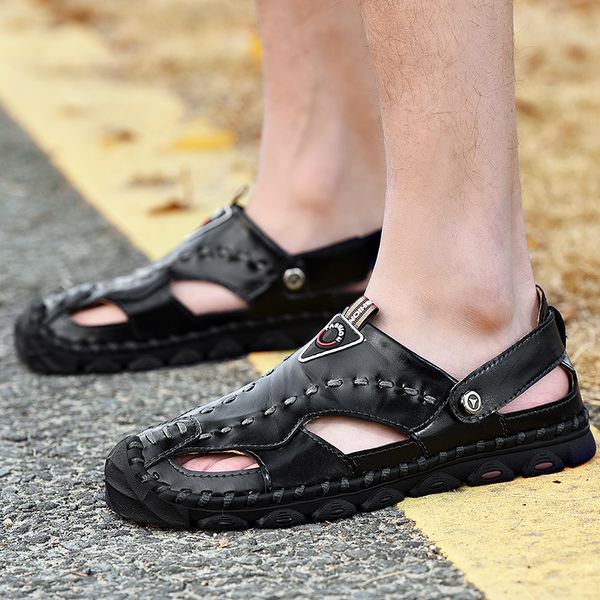 

mens casual big size genuine leather sandals outdoor cover toe beach shoes handmade platform sandal flat shoe zapatillas de male, Black