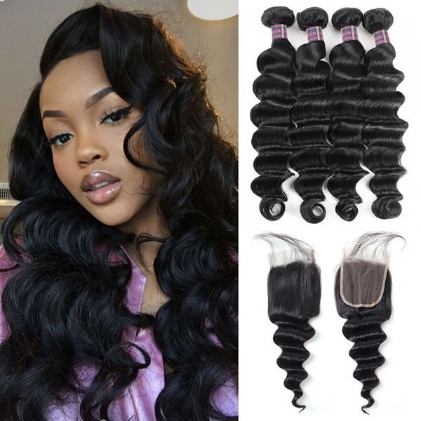 

peruvian hair deep loose 4bundles with 4x4 lace closure loose deep virgin human hair weave extensions human hair bundles wholesale price, Black