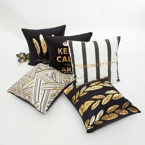 

2019 new gold foil letter feather leaves cushion pillow cover soft velvet black white stripe home decorative pillowcase 45x45cm