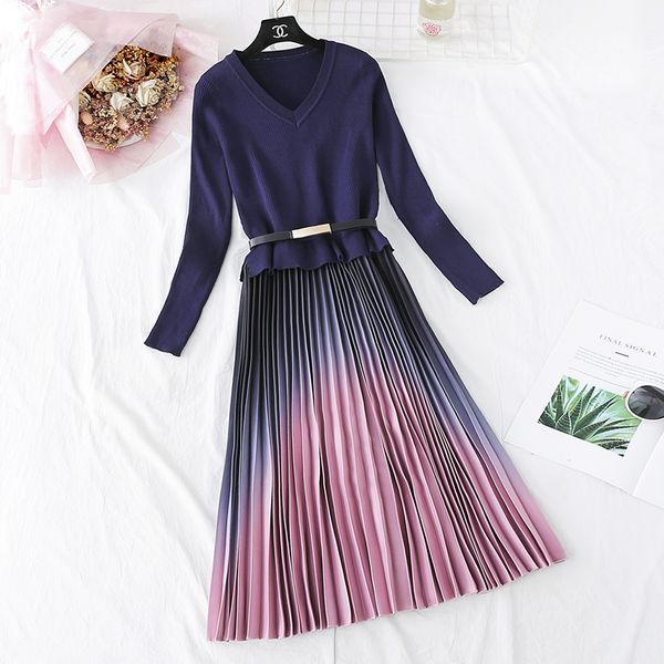 

new 2020 elegant knitted patchwork gradient pink pleated dress women long sleeve sweater office one-piece midi dress with belt, Black;gray
