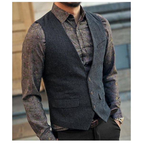 

dark gray groom vests 2019 wool herringbone tweed vests custom made groomsmen attire vest slim fit mens suit vest prom wedding waistcoat, Black