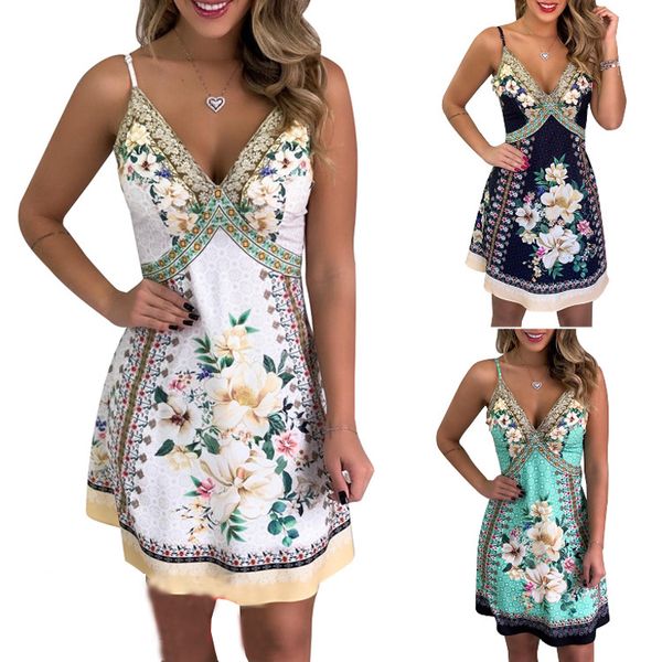 

summer womens designer dresses fashion v neck spaghetti strap floral a-line dresses fashion womens designer clothes, Black;gray