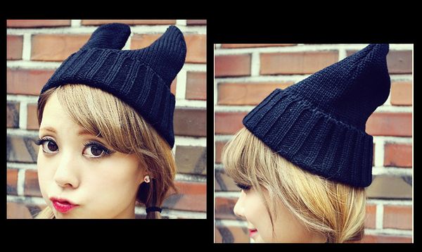 

120pcs/lot lovely cat ear style knitted hat soft warm winter elastic acrylic blended beanie candy color, Blue;gray