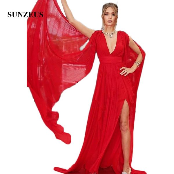 

arm slit long sleeve red chiffon evening dresses 2019 v neck a-line formal party dresses leg slit prom gowns dos de gala, White;black
