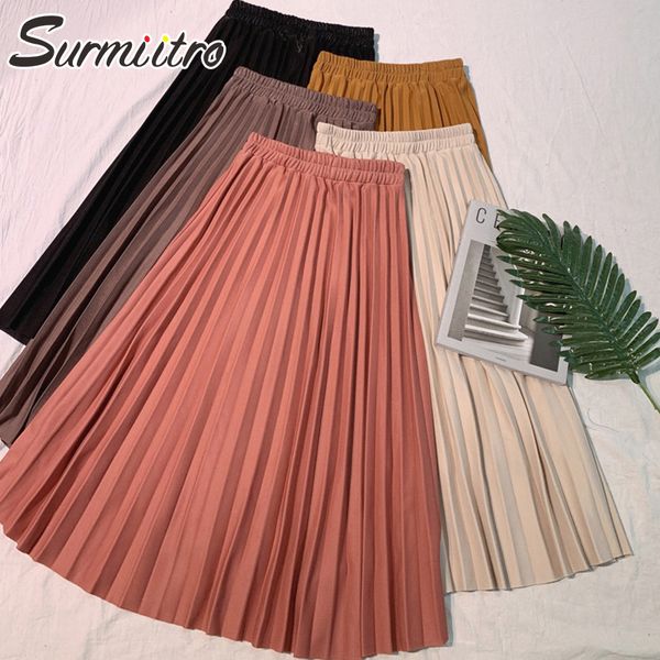 

surmiitro elegant solid midi pleated skirt women 2020 spring ladies korean red black high waist a-line school long skirt female