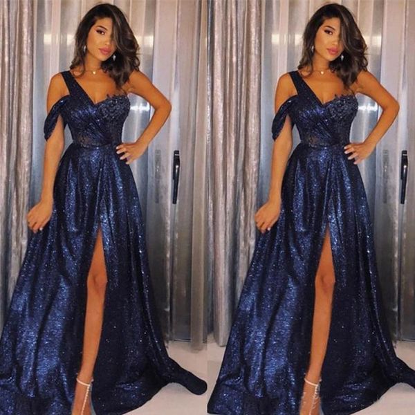 

Sexy Blue Prom Dresses 2019 One Shoulder Sequined Split Graduation Wear Evening Party Gowns Custom Made Plus Size