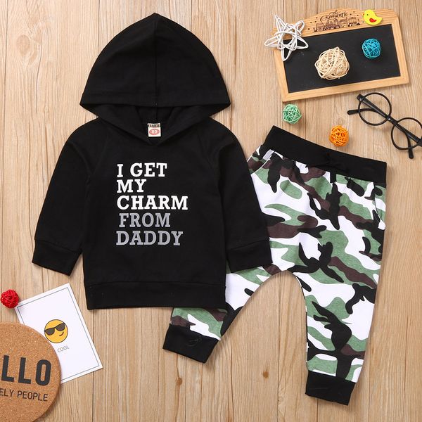 

children's gradient i get my charm solid color long sleeve hooded sweater + camouflage colorblock stripe trousers set, White