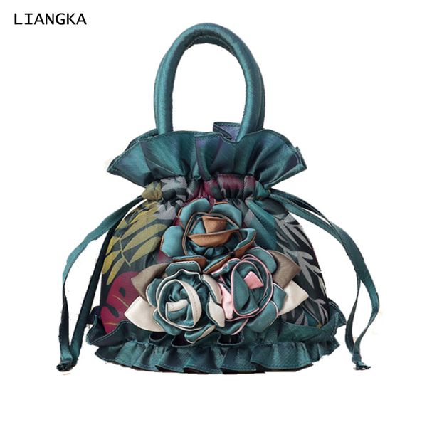 

liangka women small ruffle embroidery handbag 3pcs handmade flower appliques clutch bucket bag lace wristbag purse