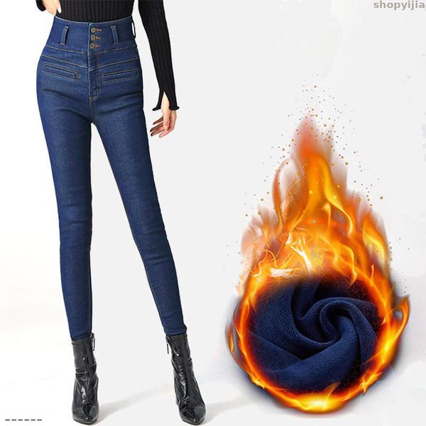 

trousers for women thicken pencil leggings female winter velvet jeans women's pants high waist denim warm skinny elastic, Blue