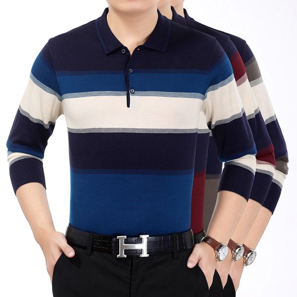 

knitted sweaters men fall mixed color striped sweater business casual pullover mens turndown collar long sleeved shirts, White;black