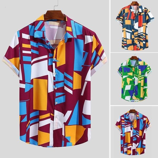 

short-sleeve blouse men shirt summer mens contrast color geometric printed turn down collar short sleeve loose shirts 4xl, White;black