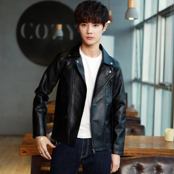 

мужское кожаное пальто 2018 зима новый стиль красивый кожаная куртка slim fit trend локомотив в корейском стиле для мужчин весна и осень, Black