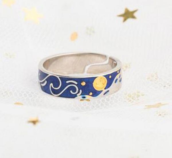 

s925 silver glitter rings van gogh's enamel couple rings sky star moon sun engagement ring women night thinking wedding jewelry