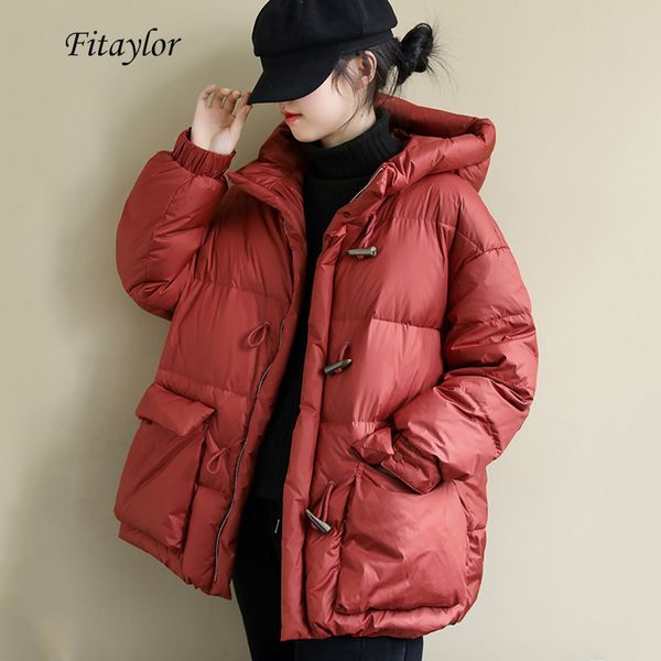 

fitaylor new winter 90% white duck down parka hooded horn button loose bread down jacket thickness warm female snow overcoat, Black