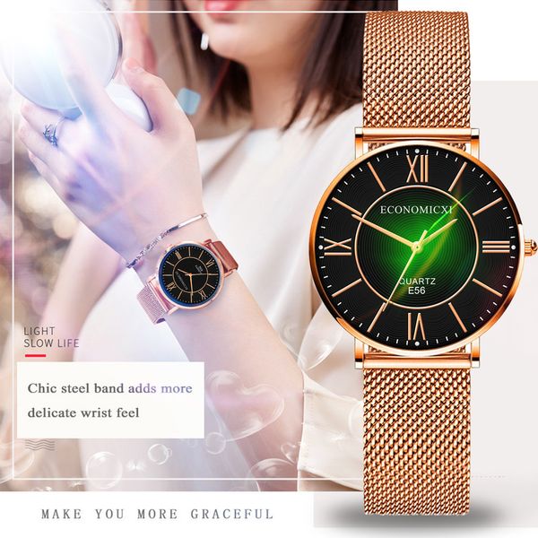 

роскошные розовое золото женские часы мода сетка из нержавеющей стали ремешок кварцевые наручные часы браслет леди платье женщины часы подар, Slivery;brown