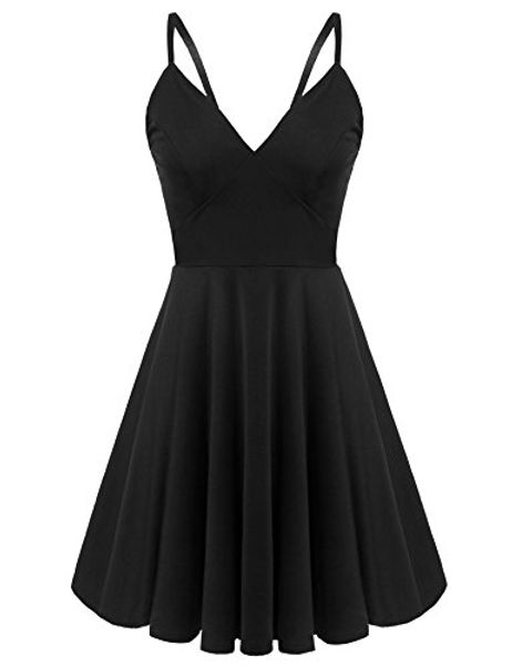 

casual dresses elesol women deep v-neck backless spaghetti strap skater dress, Black;gray