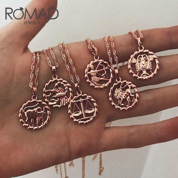 

romad pendant necklace for women 12 zodiac sign constellation yellow rose gold filled womens necklaces round shaped fashion r4, Silver