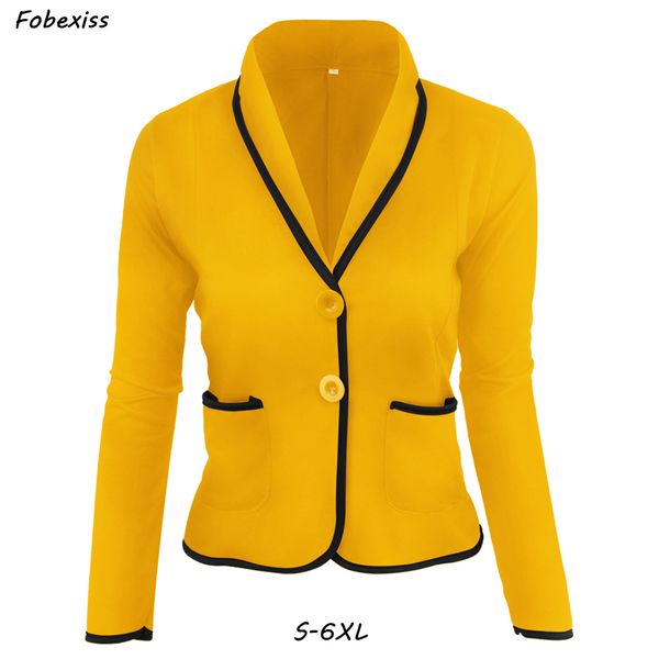 

women blazers and jackets fall 2019 plus size 6xl long sleeve with pocket single breasted yellow black blazers office lady coat, White;black