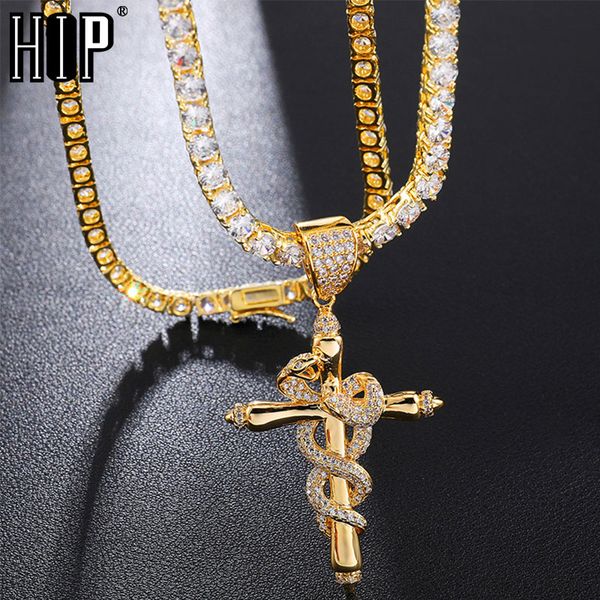 

hip hop iced out micro paved colorful cubic zirconia cross snake pendant & necklace for men rapper jewelry with tennis chain, Silver