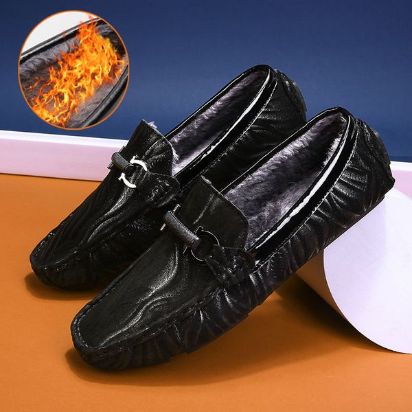 

mens loafers moccasins winter plush leather casual men shoes soft loafer fashion brand man flats comfy car driving shoes black