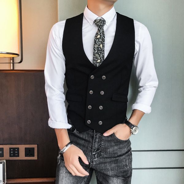 

2019 new arrival dress vests for men slim fit mens suit vest male waistcoat homme casual sleeveless formal business jacket, Black;white