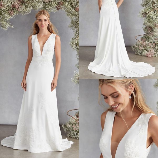 

simple kellyfaetanini mermaid wedding dresses v neck sleeveless hollow lace applique wedding gown sweep train robe de mariÃ©e, White