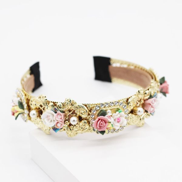 

new fashion baroque metal porcelain flower rhinestone geometric headband street dance party travel show hair accessories 954, Golden;white