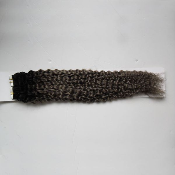 Gri ombre brezilyalı bakire saç 40 adet Bant Saç 100g afro kinky kıvırcık Makine Yapımı Remy Çift Yan Bant Cilt Atkı Yapıştırıcı Saç