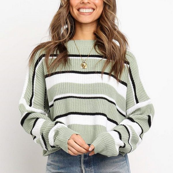 

2019 casual winter colorful pullovers women's knitted sweater o neck striped long sleeve loose jumper sweters women invierno, White;black