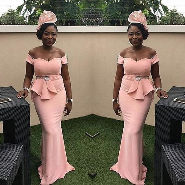 

black girls mermaid bridesmaid dresses with beads waist long off shoulder party dress for women corset back vestido madrinha, White;pink