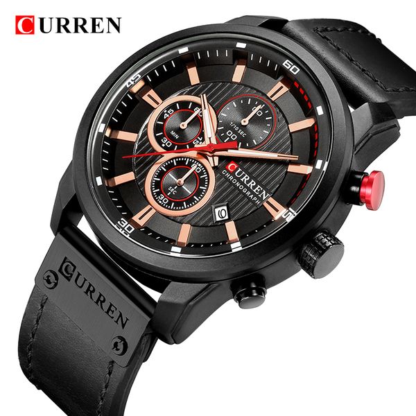 

curren men sport watches men's quartz clock leather strap waterproof date wristwatch reloj 8291, Slivery;brown