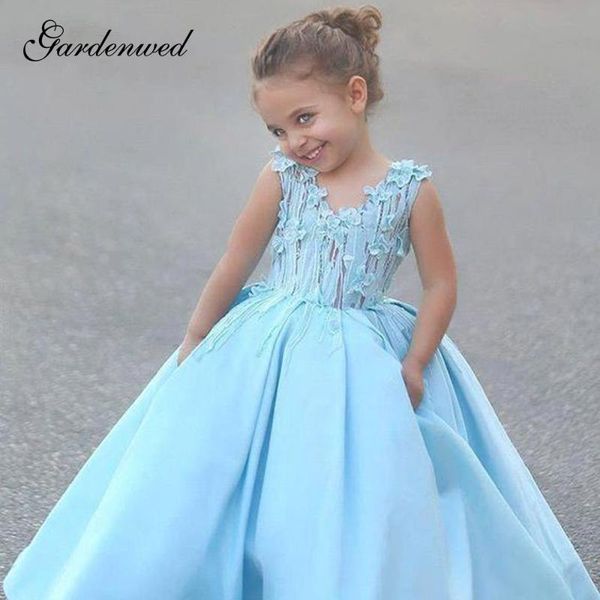 

gardenwed cute blue flower girls dresses lace appliques sleeveless long wedding dress embroidery organza baby ball gown,vestidos, Red;yellow