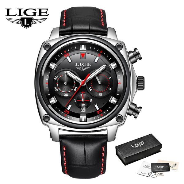 

lige watch men watch sport mens watches leather waterproof quartz wristwatch relogio masculino+box, Slivery;brown